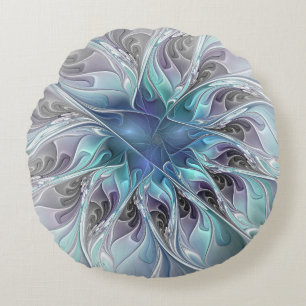 Coussins Ronds Fleur Abstraite Fractale Moderne Avec Bleu