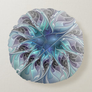 Coussins Ronds Fleur Abstraite Fractale Moderne Avec Bleu
