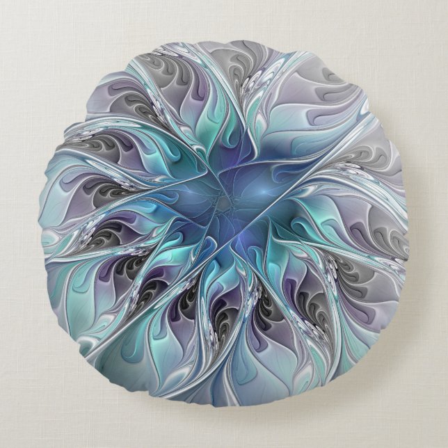 Coussins Ronds Fleur Abstraite Fractale Moderne Avec Bleu (Devant)