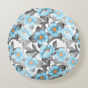 Coussins Ronds Fleur Aquarelle Bleue - Floral Botanique