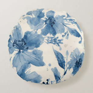 Coussins Ronds Fleur aquarelle bleue peinte botanique capricieuse