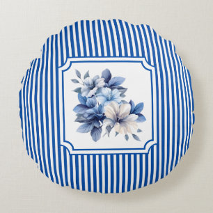 Coussins Ronds Fleur bleu cobalt à rayures à petits carreaux