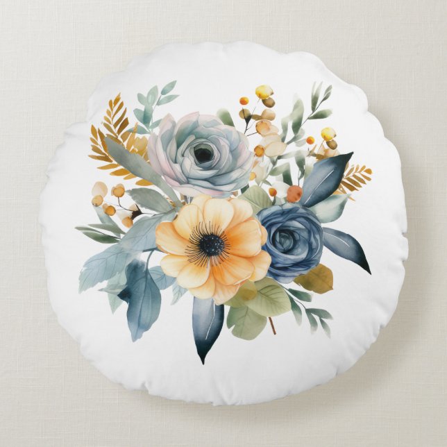 Coussins Ronds Fleur botanique de fleur sauvage aquarelle bleue j (Devant)