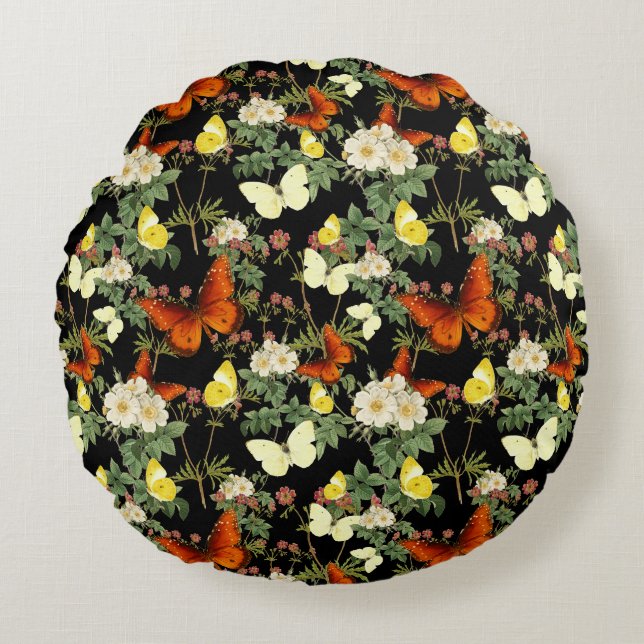 Coussins Ronds Fleur d'Apple et papillons Arrière - plan noir (Devant)