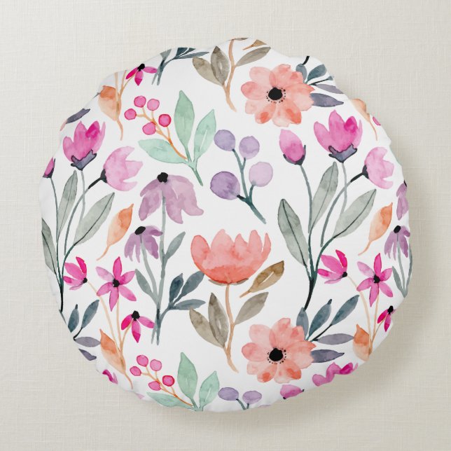 Coussins Ronds Fleur d'aquarelle en fleurs douces Motif Pastel Hu (Dos)