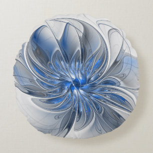 Coussins Ronds Fleur d'art fractal à l'aquarelle bleue grise abst