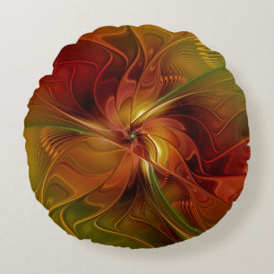 Coussins Ronds Fleur d'art fractal abstraite rouge orange marron