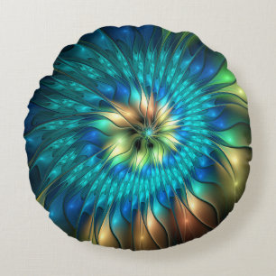 Coussins Ronds Fleur de fantaisie lumineuse, fractale abstraite c