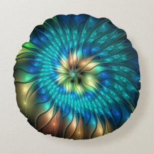 Coussins Ronds Fleur de fantaisie lumineuse, fractale abstraite c