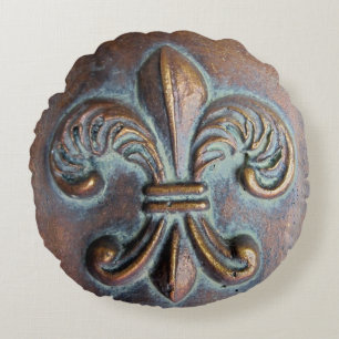 Coussins Ronds Fleur De Lis, Cuivre-Regard âgé imprimé