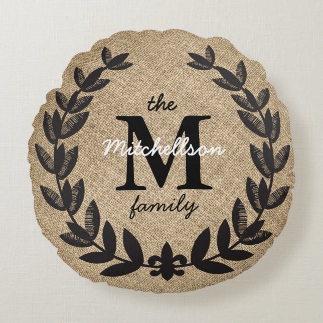 Coussins Ronds Fleur de Lis Laurels Rustique à Etché Noir (Devant)