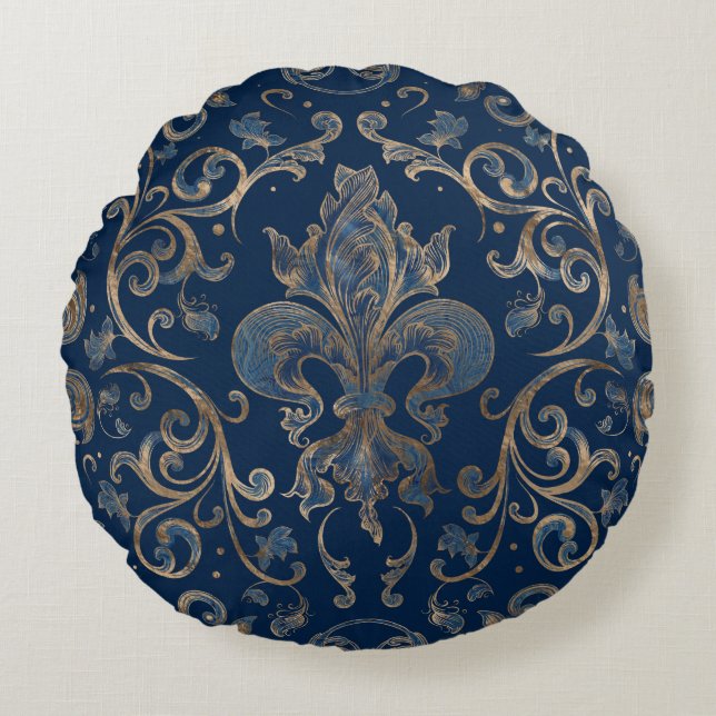 Coussins Ronds Fleur de lis, marbre bleu et or (Devant)