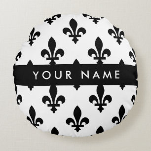 Coussins Ronds Fleur de Lis, Noir sur Blanc, Noir, Votre Nom