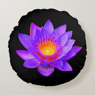 Coussins Ronds Fleur de lotus violette sur fond noir