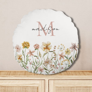 Coussins Ronds Fleur de pré sauvage aquarelle monogrammée