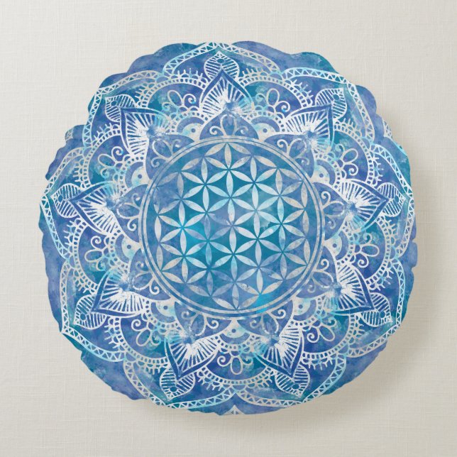 Coussins Ronds Fleur de vie à Lotus - Aquarelle Bleue (Devant)