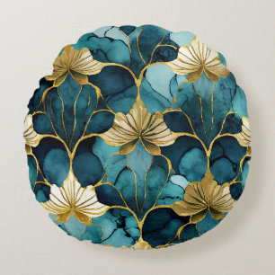 Coussins Ronds Fleur Japonaise Sarcelle Or