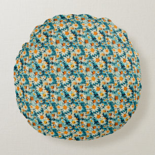 Coussins Ronds Fleur marguerite bleu, blanc et jaune sans joint