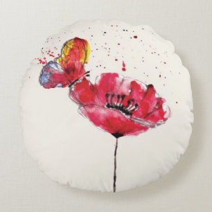 Coussins Ronds Fleur peinte stylisée de pavot d'aquarelle