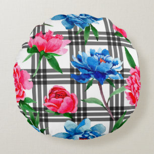 Coussins Ronds Fleur sauvage rouge et bleu pivoines fleurs motif 