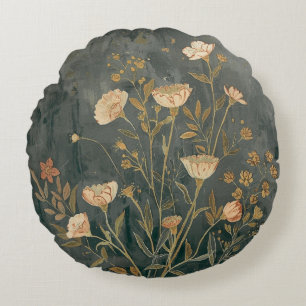 Coussins Ronds Fleur sauvage vintage gris foncé pêche sauge chaud
