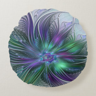 Coussins Ronds Fleur verte abstraite moderne fractale violette