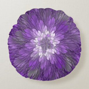 Coussins Ronds Fleur Violette Psychedelique Art Fractal Abstrait