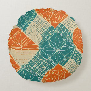 Coussins Ronds Fleurs abstraites sarcelle, orange et beige