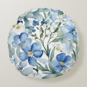 Coussins Ronds Fleurs Bleues Blancs Aquarelle Chic