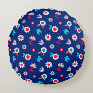 Coussins Ronds Fleurs Colorées sur Fond Bleu Foncé