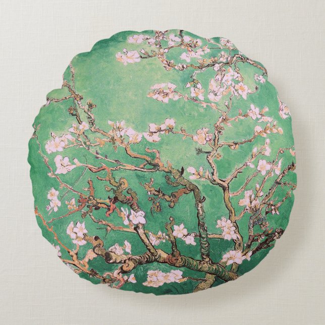 Coussins Ronds Fleurs d'amandier de Van Gogh vertes (Devant)