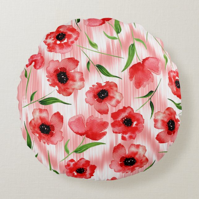 Coussins Ronds Fleurs d'aquarelle : ikat de pavot. (Devant)