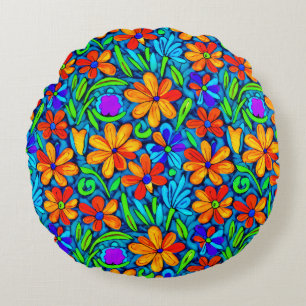Coussins Ronds Fleurs d'art populaire colorées vives