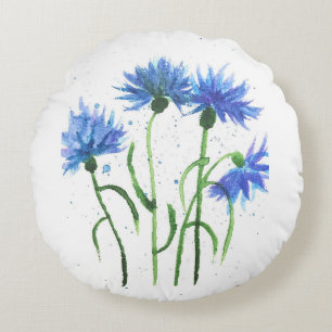 Coussins Ronds Fleurs de Cornflowers bleu aquarelle été tendance