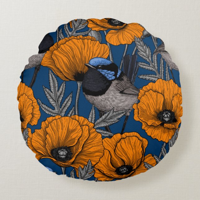 Coussins Ronds Fleurs de fleurs et fleurs de pavot orange (Devant)