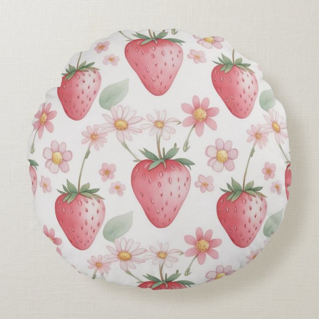 Coussins Ronds Fleurs de fraises roses Fête d'anniversaire pour e (Devant)