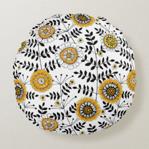 Coussins Ronds Fleurs de gribouillis et feuilles en jaune et noir