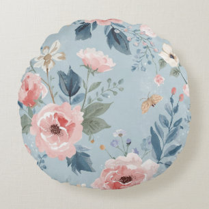 Coussins Ronds Fleurs de jardin aquarelle bleu poussiéreux roses