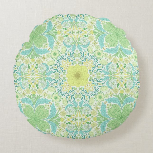 Coussins Ronds Fleurs de jardin rétro en vert et jaune (Devant)