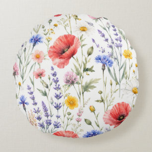 Coussins Ronds Fleurs de Prairie Fleurie Aquarelle