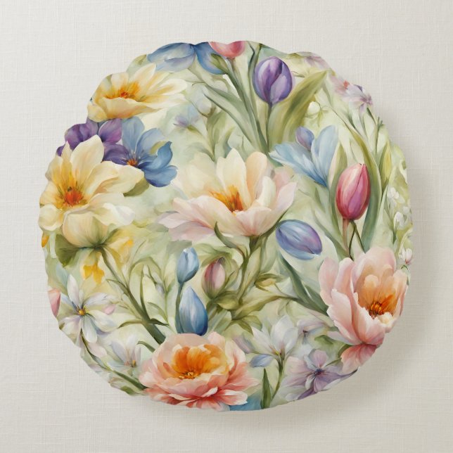 Coussins Ronds Fleurs De Printemps Sophistiquées. Peinture (Devant)