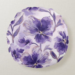 Coussins Ronds Fleurs de violet aquarelle fleurs violettes peinte