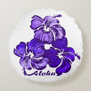 Coussins Ronds Fleurs d'Hibiscus Hawaïennes Réversibles Aquarelle
