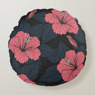 Coussins Ronds Fleurs d'Hibiscus : papier peint transparent foncé