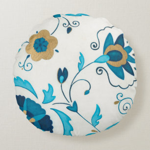 Coussins Ronds Fleurs dorées d'indigo avec l'arrière - plan blanc
