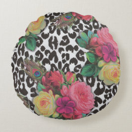 Coussins Ronds Fleurs élégantes vintages cheetah paon fleurs