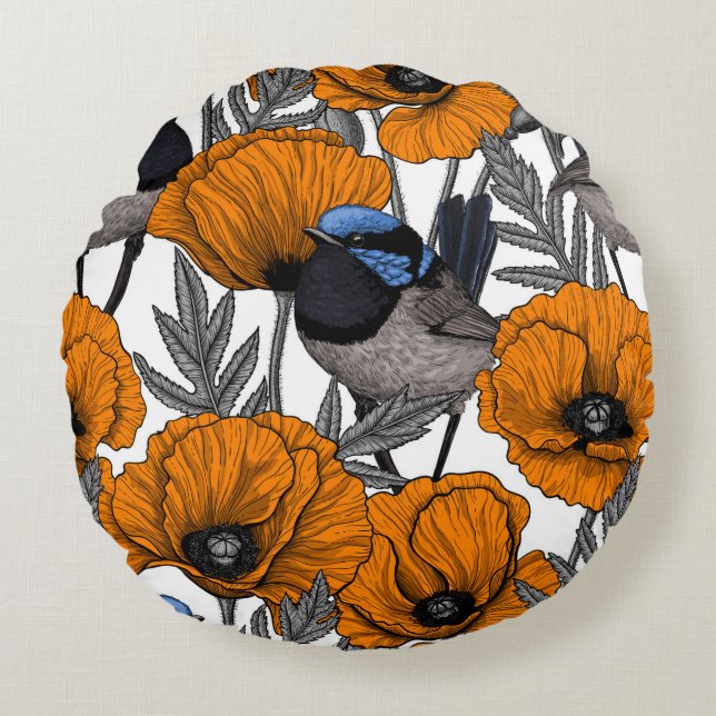 Coussins Ronds Fleurs et fleurs de pavot orangé 2 (Devant)