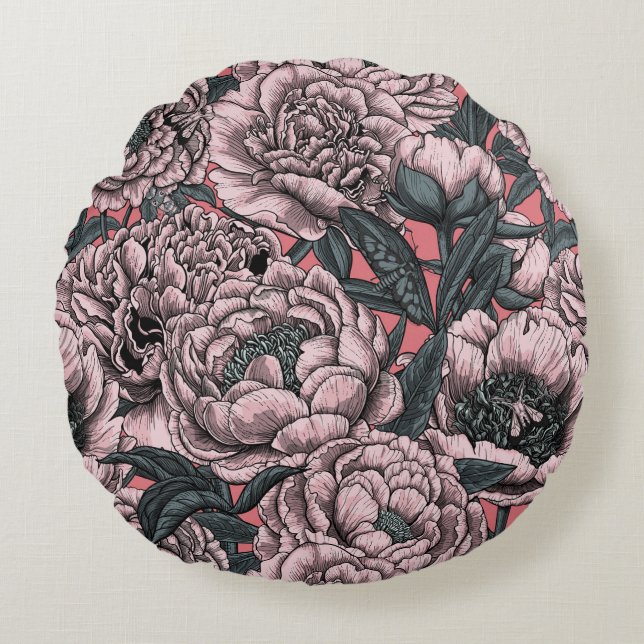 Coussins Ronds Fleurs et moisissures de pivoines roses (Devant)