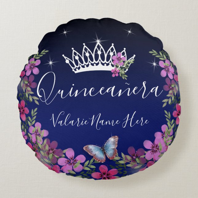 Coussins Ronds Fleurs et papillon Quinceanera bleu (Devant)