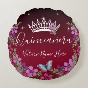 Coussins Ronds Fleurs et papillon Quinceanera Bourgogne